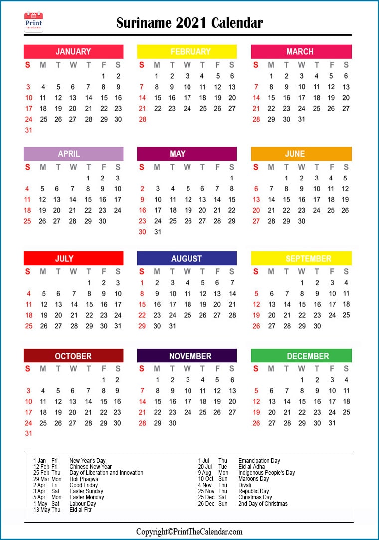 Suriname Printable Calendar 2021